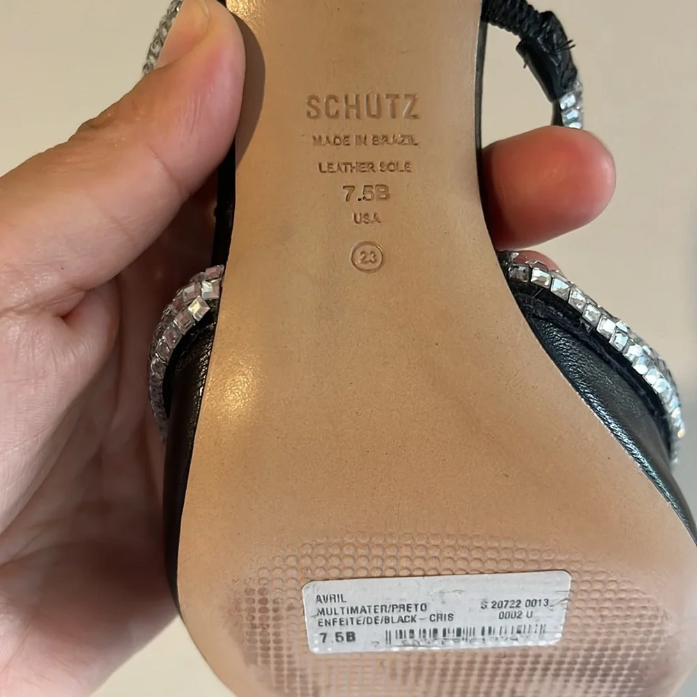 SCHUTZ Avril Crystal Trim‎ Leather Rhinestones Stilettos Heels size 7.5